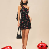Black Jacquard One Shoulder Mini Dress