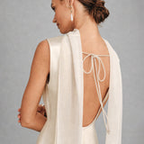 Apricot Boat Neck Tie Satin Mini Dress
