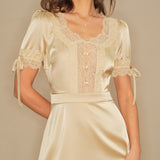 Apricot V Neck Lace Satin Mini Dress