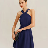 Navy Chiffon A-Line Mini Dress