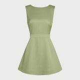 Green Boat Neck Pearl Satin Mini Dress