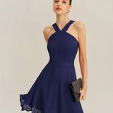 Navy Chiffon A-Line Mini Dress