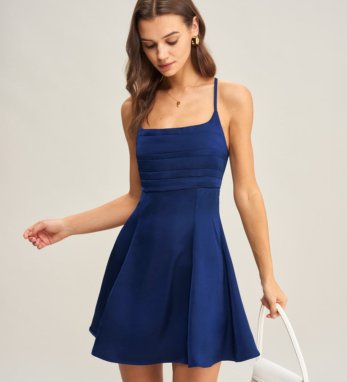 Navy Satin Pleated Slip Mini Dress