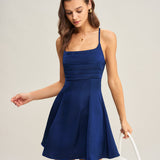 Navy Satin Pleated Slip Mini Dress