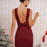 Red Boat Neck Backless Mini Dress