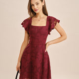 Wine Red Square Neck Jacquard Mini Dress
