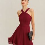 Wine Red Chiffon A-Line Sleeveless Mini Dress