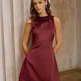 Wine Red Satin Cowl Neck Backless Mini Dress