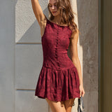 Red Jacquard Boat Neck A-Line Mini Dress