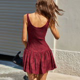 Red Jacquard Boat Neck A-Line Mini Dress