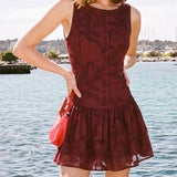 Red Jacquard Boat Neck A-Line Mini Dress