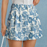 Blue Floral Button Pockets Shorts