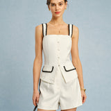 Beige Contrasting Button Shorts