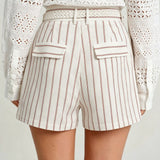 White Belt Pockets Striped Shorts