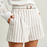 White Belt Pockets Striped Shorts