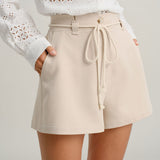 Beige Tie Waist Pocket Shorts