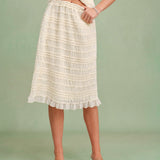 Apricot Elastic Waist Shirred Midi Skirt