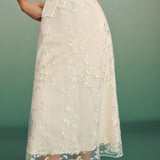 Apricot Floral Embroidery Mesh Midi Skirt