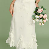 Apricot Embroidery Ruffle Midi Skirt