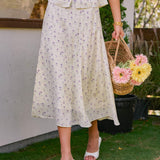 Beige Floral Slit Midi Skirt