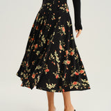 Black Floral A-Line Midi Skirt