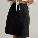 Black Suede Straight Slit Mini Skirt