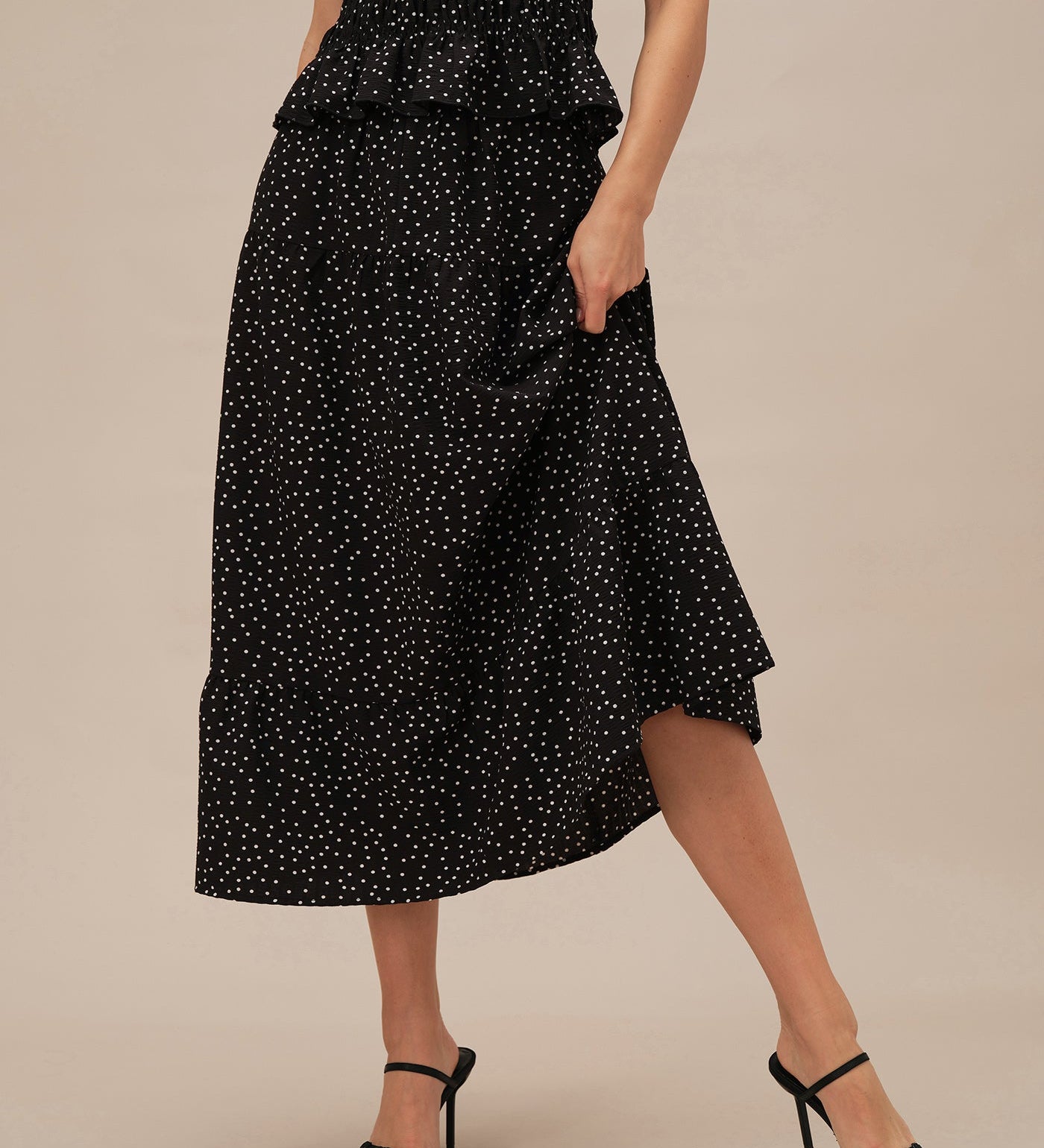 Black Polka Dot Ruched Midi Skirt
