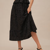 Black Polka Dot Ruched Midi Skirt