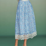 Blue Floral Lace A-Line Skirt