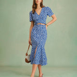 Blue Floral Mermaid Midi Skirt