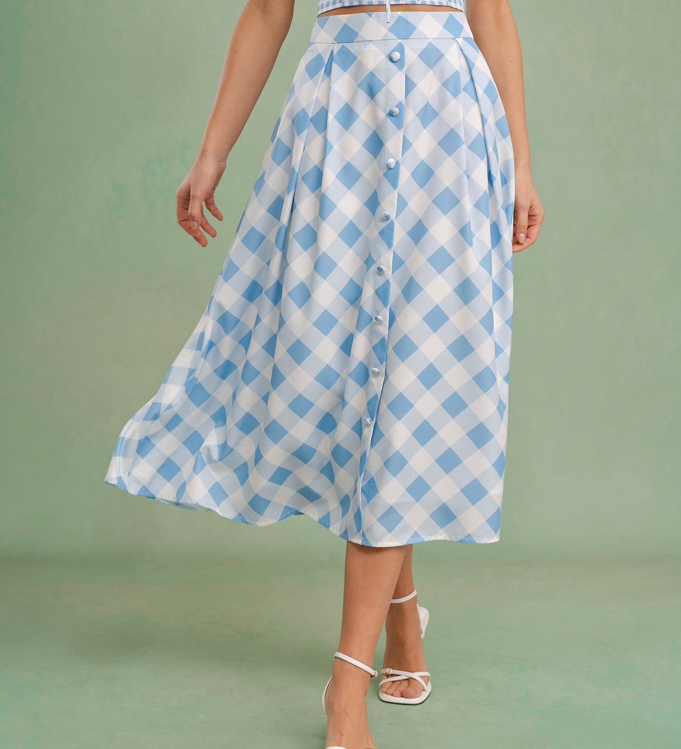 Blue Plaid Button Midi Skirt