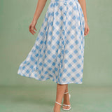 Blue Plaid Button Midi Skirt