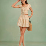 Yellow Embroidery Floral Mini Skirt