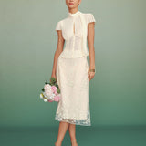 Apricot Floral Embroidery Mesh Midi Skirt