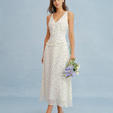 Beige Floral Chiffon Midi Skirt