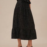 Black Polka Dot Ruched Midi Skirt