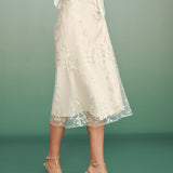 Apricot Floral Embroidery Mesh Midi Skirt