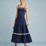 Navy Polka Dot Lace Midi Skirt