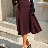 Wine Red Natural Waisted A-Line Midi Skirt