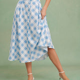Blue Plaid Button Midi Skirt