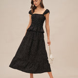 Black Polka Dot Ruched Midi Skirt