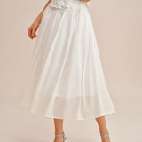 White Lace Splicing Elastic Waist Midi Skirt