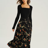 Black Floral A-Line Midi Skirt