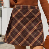 Brown High Waisted Plaid Mini Skirt