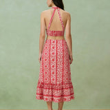 Red Floral Ruched Midi Skirt