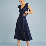 Navy Polka Dot Slit Midi Skirt