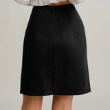 Black Suede Straight Slit Mini Skirt
