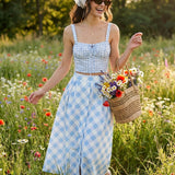 Blue Plaid Button Midi Skirt
