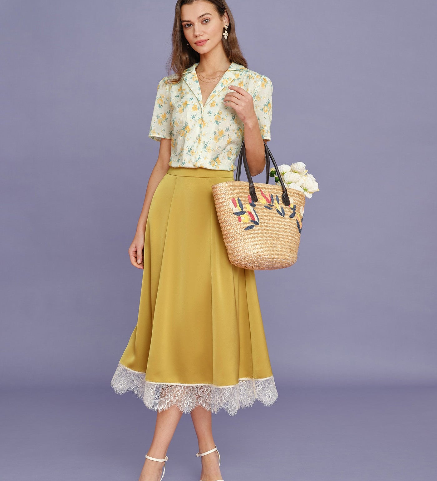 Yellow Lace Satin Midi Skirt