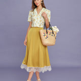 Yellow Lace Satin Midi Skirt